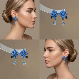 Orecchini Pendenti in Stile Cinese Blu Fiore Foglia Dolce Fresco Stile Vacanza Ciondolo a Goccia d'Acqua in Lega per Donna