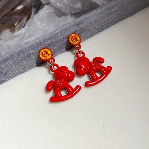 New Chinese style bright red rocking horse pendant earrings for Year of the Horse zodiac