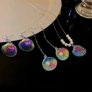 Pendientes de Botón de Perla Artificial y Concha Iridiscente Sirena Con Poste de Plata Joyas de Moda para Mujer