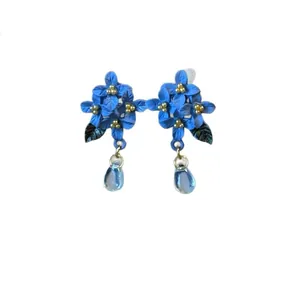 Eleganti orecchini a lobo con fiori e foglie blu e pendenti a goccia di cristallo