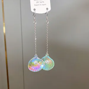 Detalle de pendientes de concha iridiscente con perla blanca y cadena de plata.