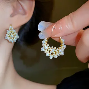 French Light Luxury Artificial Pearl Cluster Ear Hoops 925 Sterling Silver Post Gold Plated Elegant Earrings For Women Party