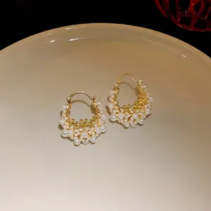 French style gold-plated hoop earrings with elegant white pearls for women