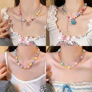 Dopamine Colorful Beaded Pendant Necklace Sweet Mori Style Star Heart Charm Choker For Women Fashion Handmade Jewelry Necklace