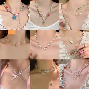 Collection of various colorful dopamine-style beaded and ribbon necklaces on models