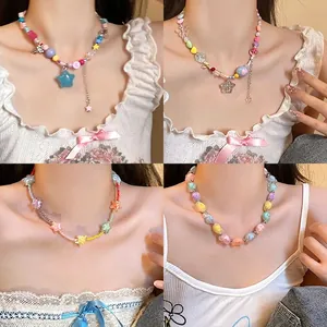 Dopamine style colorful beaded necklaces with star and heart pendants for women
