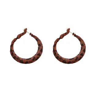 Retro leopard print fabric hoop earrings with silver needles for women