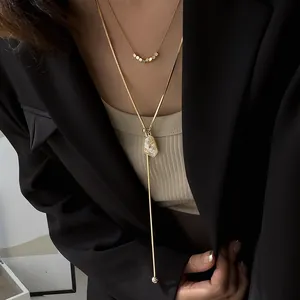 Minimalist Irregular Round Pendant Necklace For Women Real Gold Plated Copper Vintage Adjustable Sweater Chain Geometric Fashion Jewelry