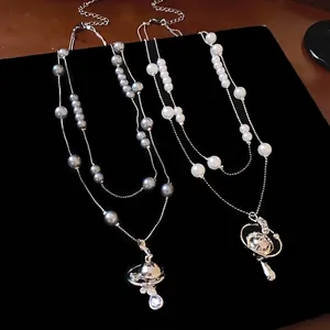 French Vintage Double Layer Saturn Pendant Necklace With Artificial Pearl Rhinestone Copper Inlaid Long Sweater Chain Jewelry Women