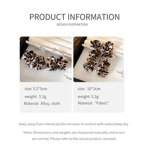 Product details for leopard print fabric flower earrings including dimensions and weight