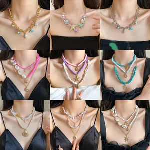 Ocean Shell Artificial Pearl Necklace Set Gold Plated Starfish Sea Turtle Multi Layer Beach Vacation Women Jewelry