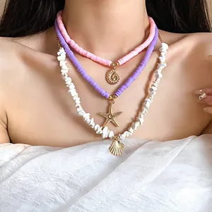 Detailed close-up of three-layer marine necklace set with shell, starfish and nautilus charms