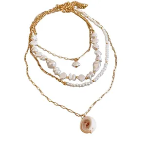 Multi-layer ocean theme necklace set with baroque pearls and shell pendants for beach