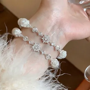 French Elegant Artificial Pearl Flower Bracelet For Women Luxury Fashion Jewelry Rhinestone Inlaid Silver Plated Accessory