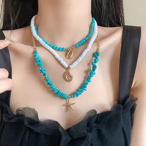 Layered ocean theme necklace set with turquoise beads and golden sea shell charms