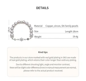 Detailed specs of French style zircon flower pearl bracelet with length and weight info.