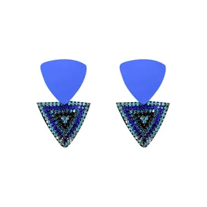 Modern geometric drop earrings with vibrant blue rhinestones and matte finish