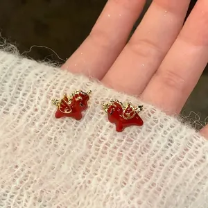 Vintage Red Enamel Horse Stud Earrings with Silver Earring Post Gold Wing Pony Zodiac Jewelry for Women Birthday Gift