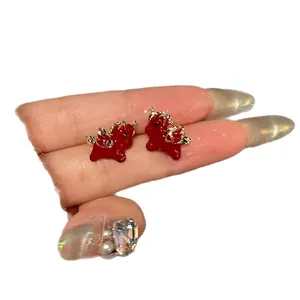 Minimalist red enamel winged pony stud earrings with silver needles for women