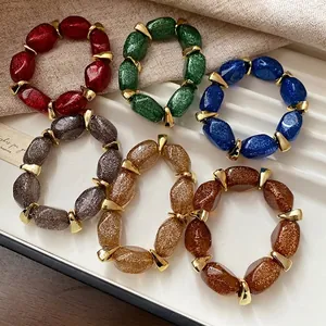 Women's Elegant Acrylic Beaded Bracelet With Glitter Oval Beads And Gold Tone Metal Spacers Vintage Light Luxury Hand Jewelry