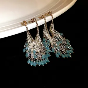 Women's Exaggerated Bohemian Glass Waterdrop Tassel Earrings With Silver Earring Post Elegant Rhinestone Inlaid Long Dangle Statement Jewelry Wedding Party Gift