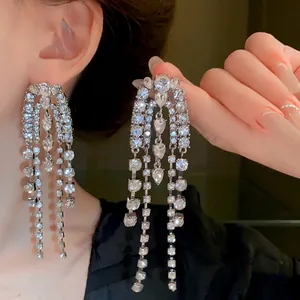 Western Style 925 Sterling Silver Earring Post Alloy Rhinestone Long Tassel Drop Earrings For Women Elegant Party Jewelry