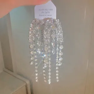 Elegant long tassel earrings with sparkling rhinestones on silver-tone studs for women
