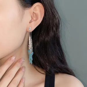 Exquisite long tassel earrings featuring blue glass waterdrop beads on s925 silver needle studs
