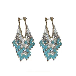 Chic boho style light blue glass droplet tassel drop earrings with S925 silver posts