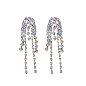 Elegant silver tassel dangle earrings with sparkling rhinestones in a minimalist style