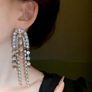 Close-up detail of elegant luxury silver needle rhinestone tassel long earrings