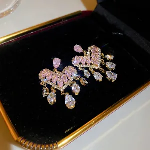 Sparkling pink heart earrings with teardrop zircon tassels in a luxury black box