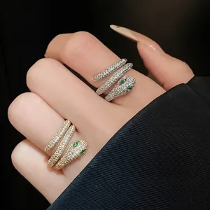 Luxury Snake Open Ring Gold Silver Plated Copper White Zirconia Green Eye Adjustable Finger Ring Women Fashion Jewelry