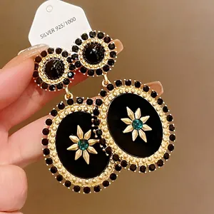 Vintage Palace Style Alloy Rhinestone Artificial Pearl Oval Drop Earrings 925 Sterling Silver Post Black Gold Jewelry For Women