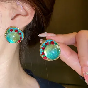 Retro Court Style Round Stud Earrings For Women With 925 Sterling Silver Earring Post Inlaid Rhinestone Glass Jewelry