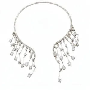 Elegant silver-toned choker necklace with sparkling crystal teardrop fringes