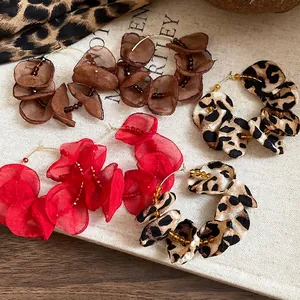 Vintage Leopard Print Fabric Flower Hoop Earrings For Women Gold Plated Alloy Glass Bead Floral Petal Earrings Jewelry