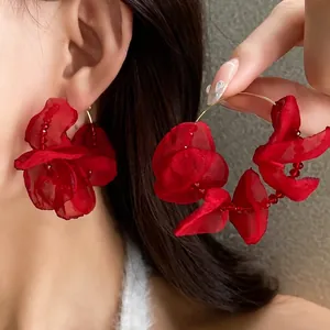 Elegant red fabric flower hoop earrings featuring delicate crystal bead accents for women