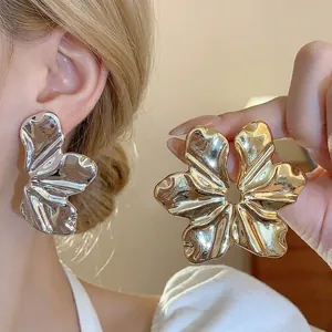 Pendientes de Botón de Hoja Texturizada Vintage Con Poste de Plata de Ley 925 Pendientes de Metal de Tamaño Grande para Mujer