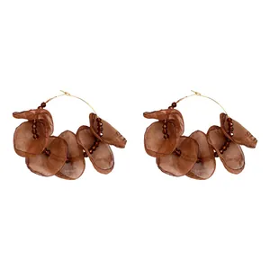 Handmade chic brown fabric flower hoop earrings with elegant bead accents for women