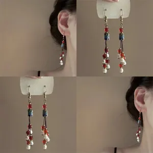 Bohemian Enamel Floral Tassel Hook Earrings Vintage Ethnic Glass Bead Artificial Pearl Drop Earrings For Women Jewelry