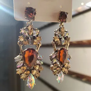 Vintage luxury amber zircon teardrop dangle earrings with multi-color iridescent crystals