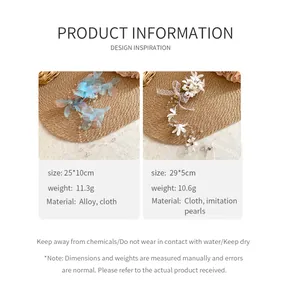 Detailed specifications for fabric flower tassel hair clips showing size and material info.