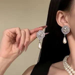 French vintage jewelry set with rhinestone pearl drop earrings and layered necklace