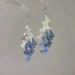 Detailed macro view of colorful spray painted hollow-out butterfly drop earrings