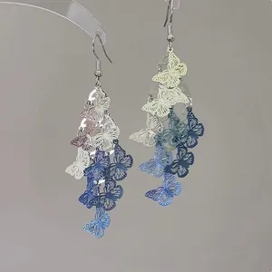 Detail view of hollow butterfly dangle earrings with blue and yellow gradient colors