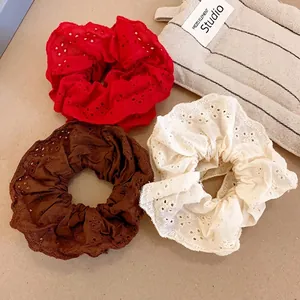 French Style Hollow Out Lace Floral Hair Scrunchies Sweet Ruffled Elastic Hair Bands Large Ponytail Holder For Women