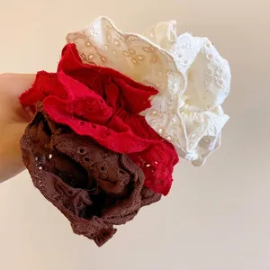 Elegant French style lace hollow-out flower scrunchies in red, white and brown colors