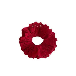 Red floral eyelet lace ruffled scrunchie with elegant pleated design for women
