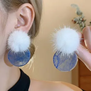 Simple Autumn Winter Plush Ball Resin Round Stud Earrings S925 Sterling Silver Earring Post Blue Marble Texture Jewelry For Women